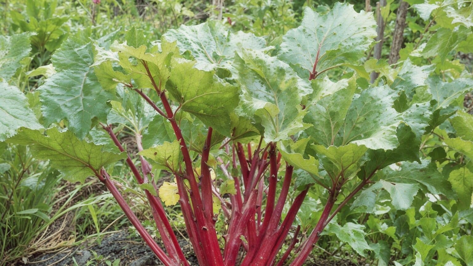 Rhubarb plant with thick red stalks and large green leaves growing in garden, ideal placement among rhubarb companion plants