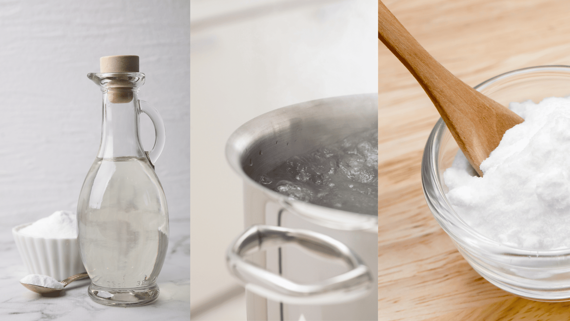 Vinegar, boiling water, and baking soda displayed as natural weed killer ingredients, showing simple DIY alternatives for garden weed control.
