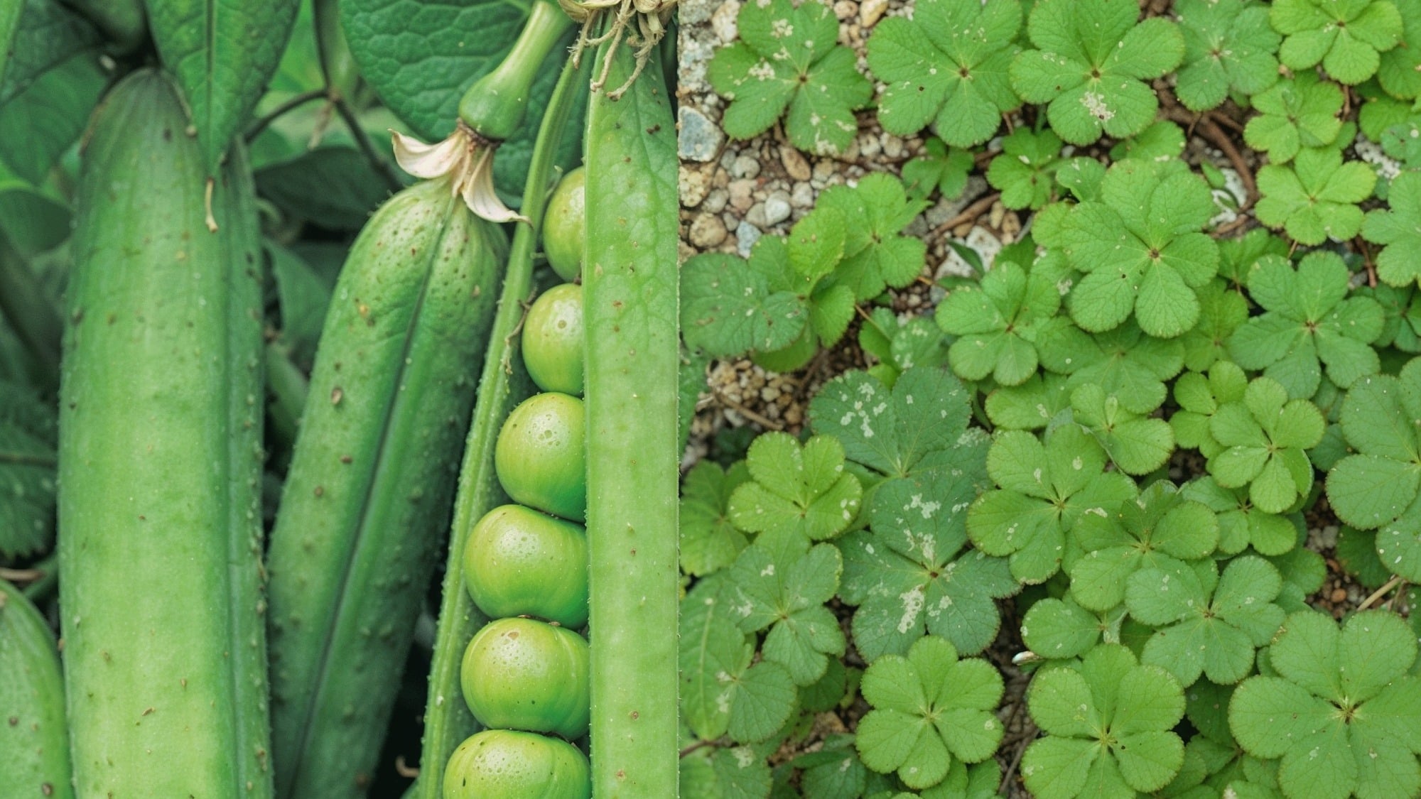 Peas growing in pods beside leafy ground cover, both beneficial companion plants for rhubarb that support soil health