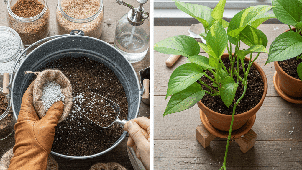 Adding perlite to potting base for pothos soil mix beside healthy potted plant, showing balanced texture and ingredients
Reply