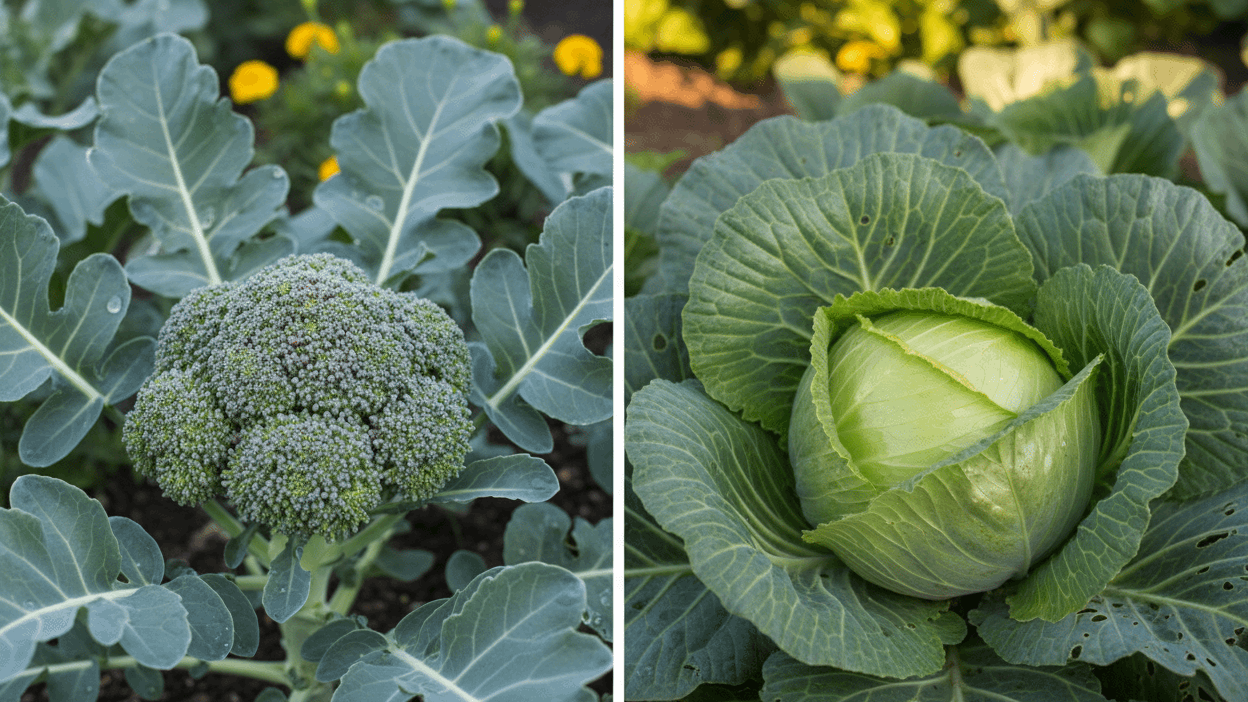 Broccoli and cabbage growing in garden beds, useful companion plants for rhubarb that help maximize space and improve growth