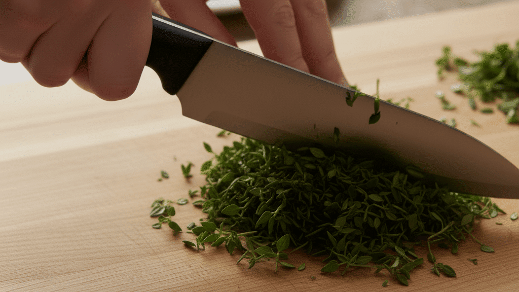 Finely chopping thyme leaves with a knife, showing small green herb pieces on a cutting board