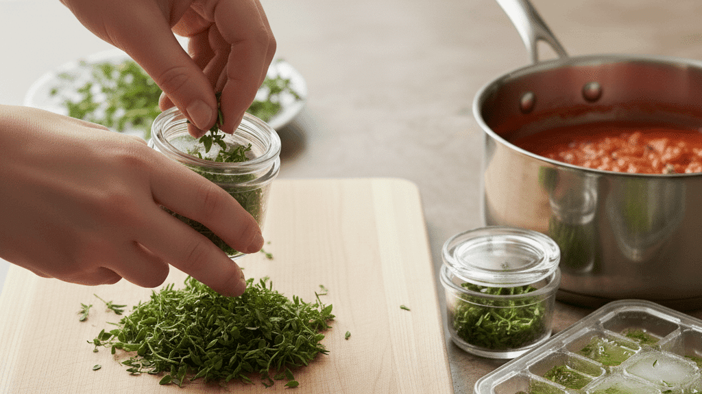 Storing freshly chopped thyme in small glass containers near a pot of simmering sauce