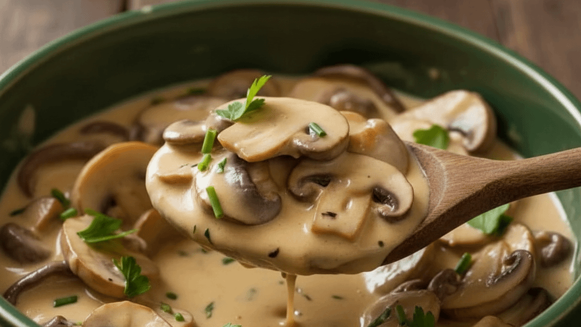 Creamy mushroom sauce with thyme served in a bowl, featuring sliced mushrooms in a rich, velvety gravy garnished with fresh herbs