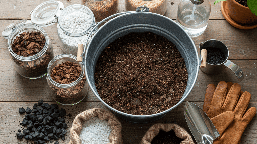 Pothos soil mix ingredients including bark, perlite, coco coir, and charcoal arranged around a potting container