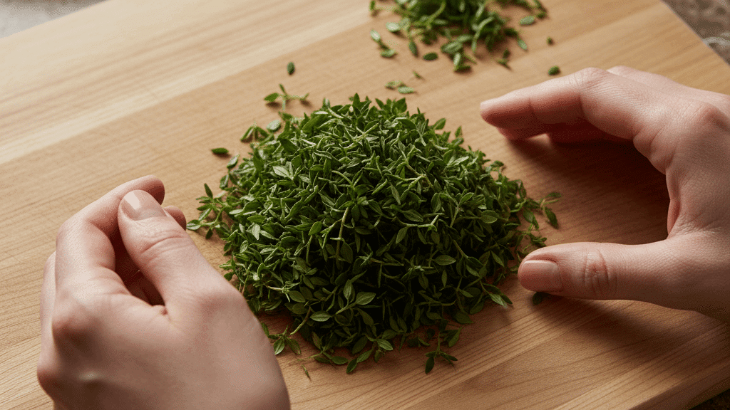 Hands arranging a pile of fresh thyme leaves on a wooden cutting board