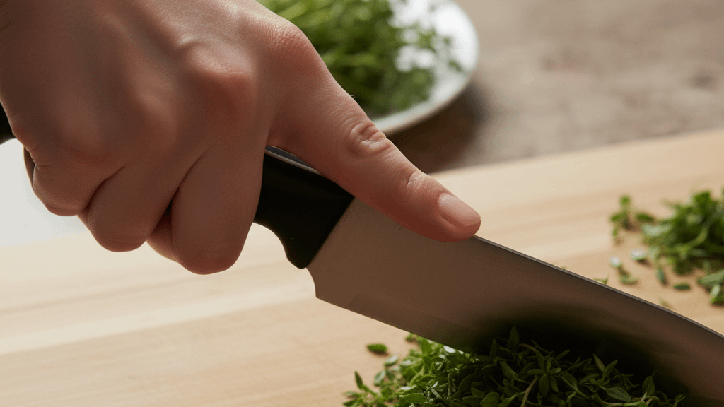 Close-up of a hand chopping fresh thyme with a kitchen knife on a wooden board
