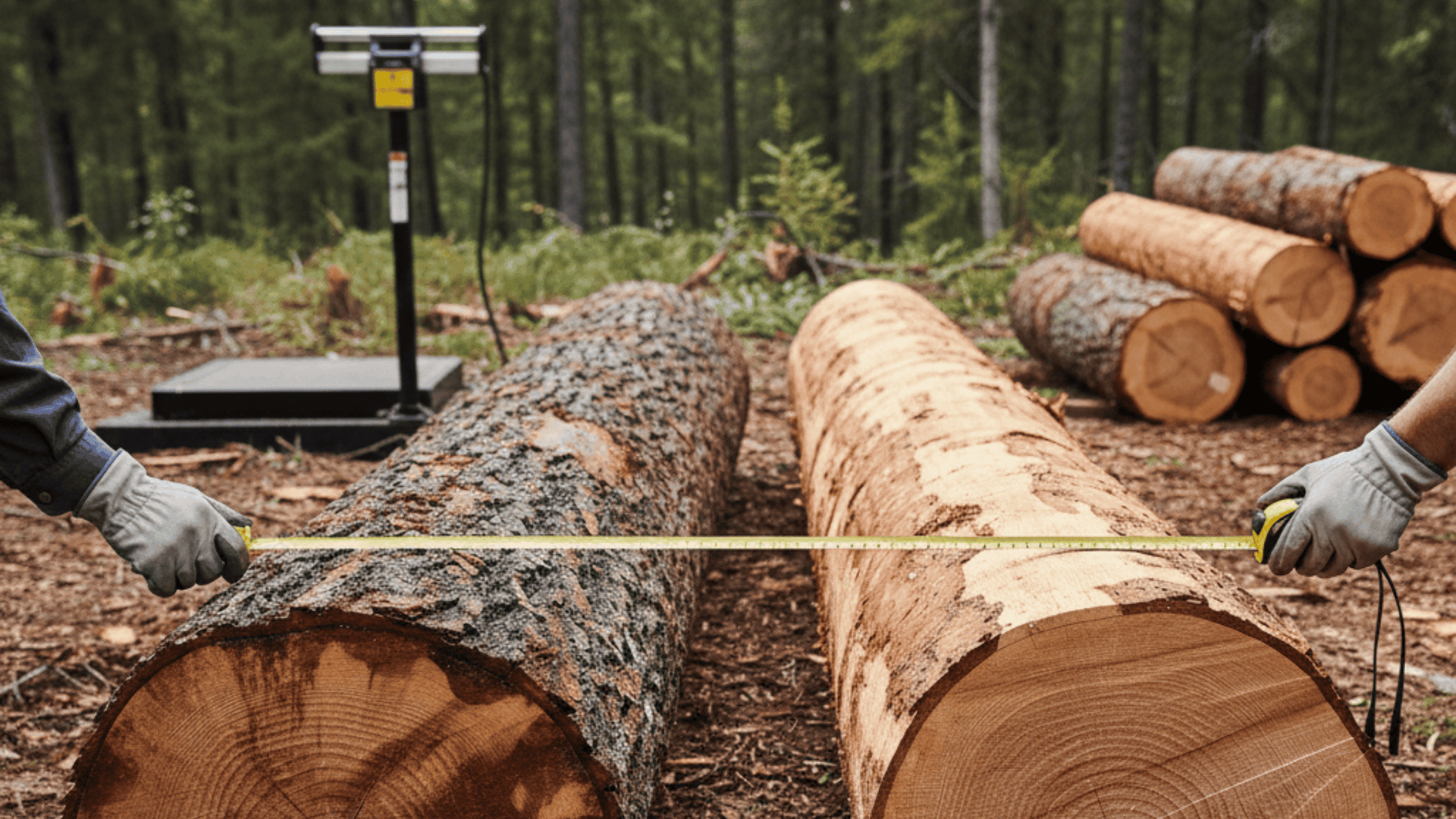 Measuring log diameter with tape near scale and cut timber, helping calculate how much do trees weigh