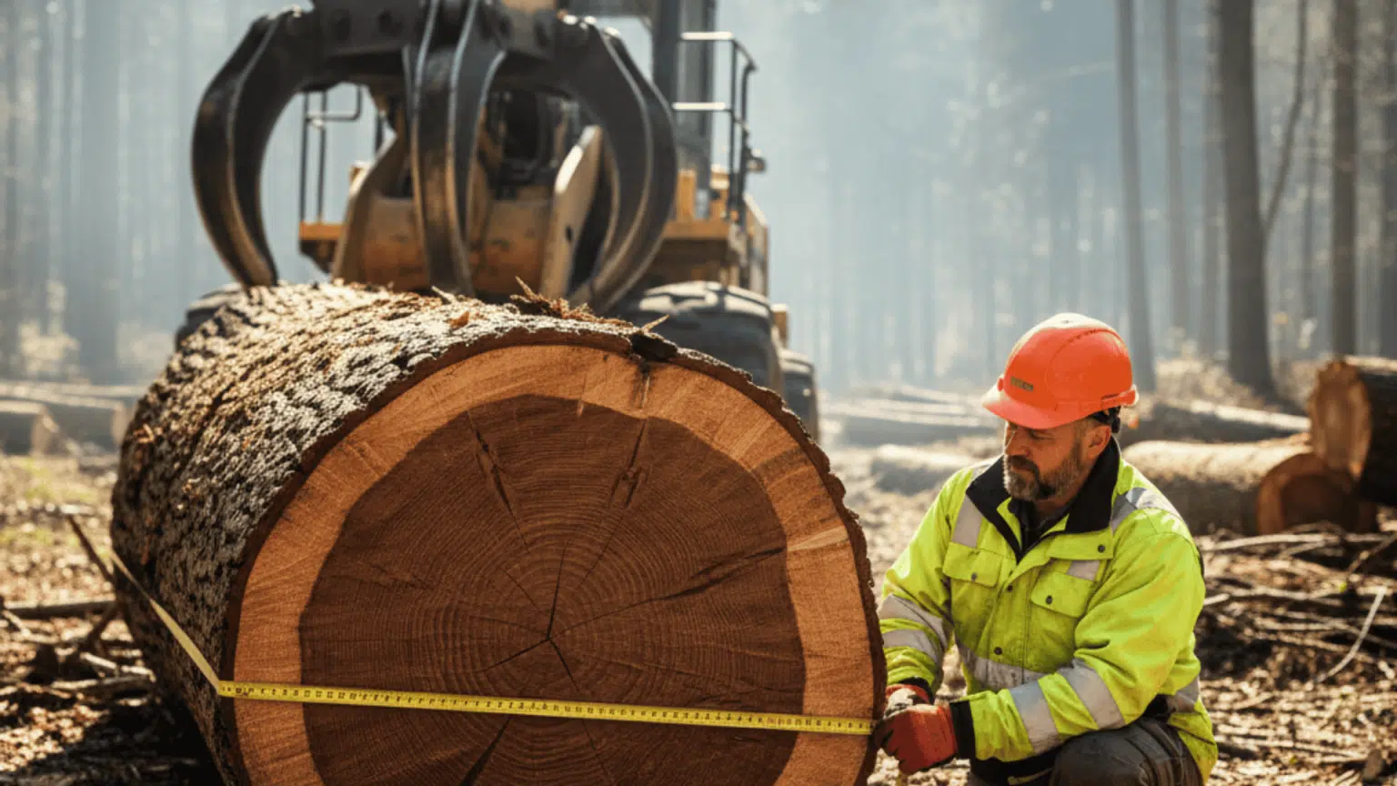 Worker measuring large cut log in forest with machinery, showing scale to explain how much do trees weigh