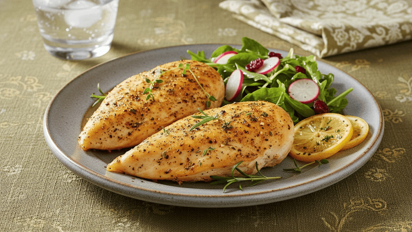 Grilled chicken breasts seasoned with lemon thyme chicken marinade, served with fresh salad, radishes, and lemon slices