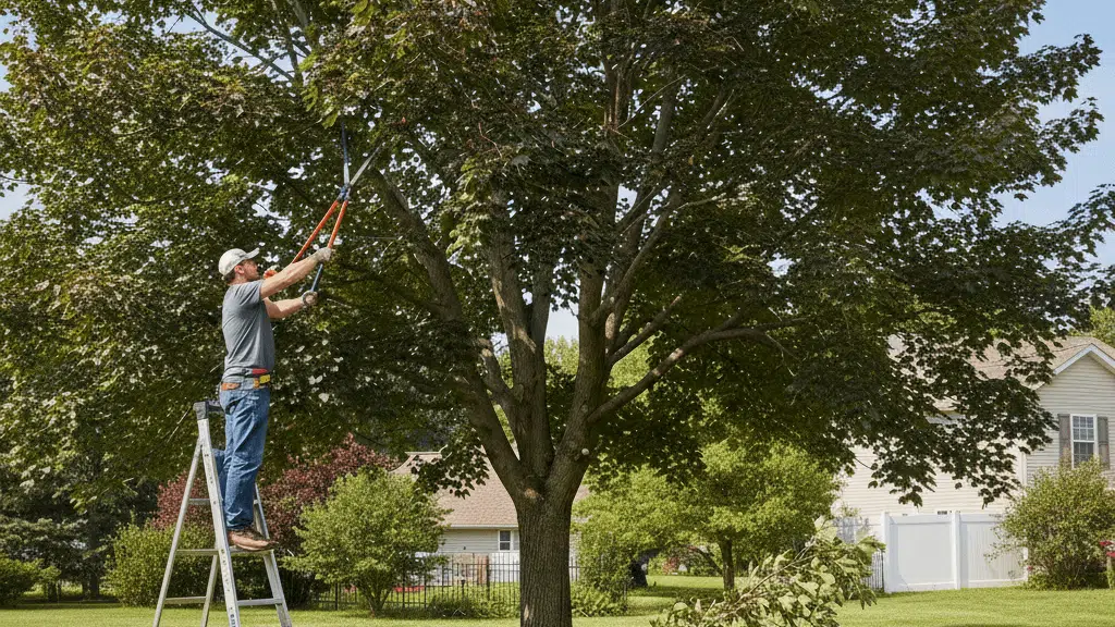 Man trimming a large maple tree with pruning shears while standing on a ladder in a residential yard