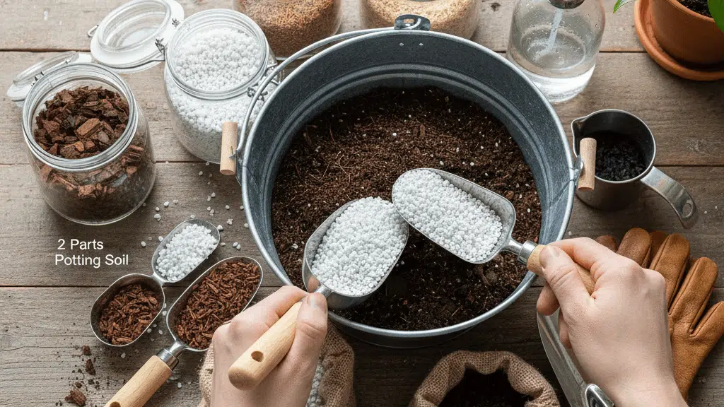 Mixing perlite into potting base to create airy pothos soil mix, hands blending ingredients evenly in metal container