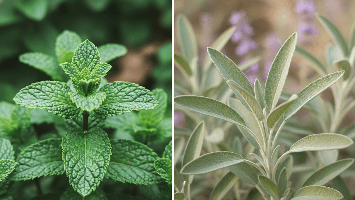 Mint and sage herbs growing in garden, both effective companion plants for rhubarb to help repel pests naturally