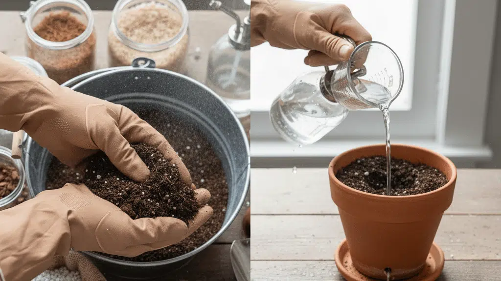 Mixing perlite into potting base to create airy pothos soil mix, hands blending ingredients evenly in metal container