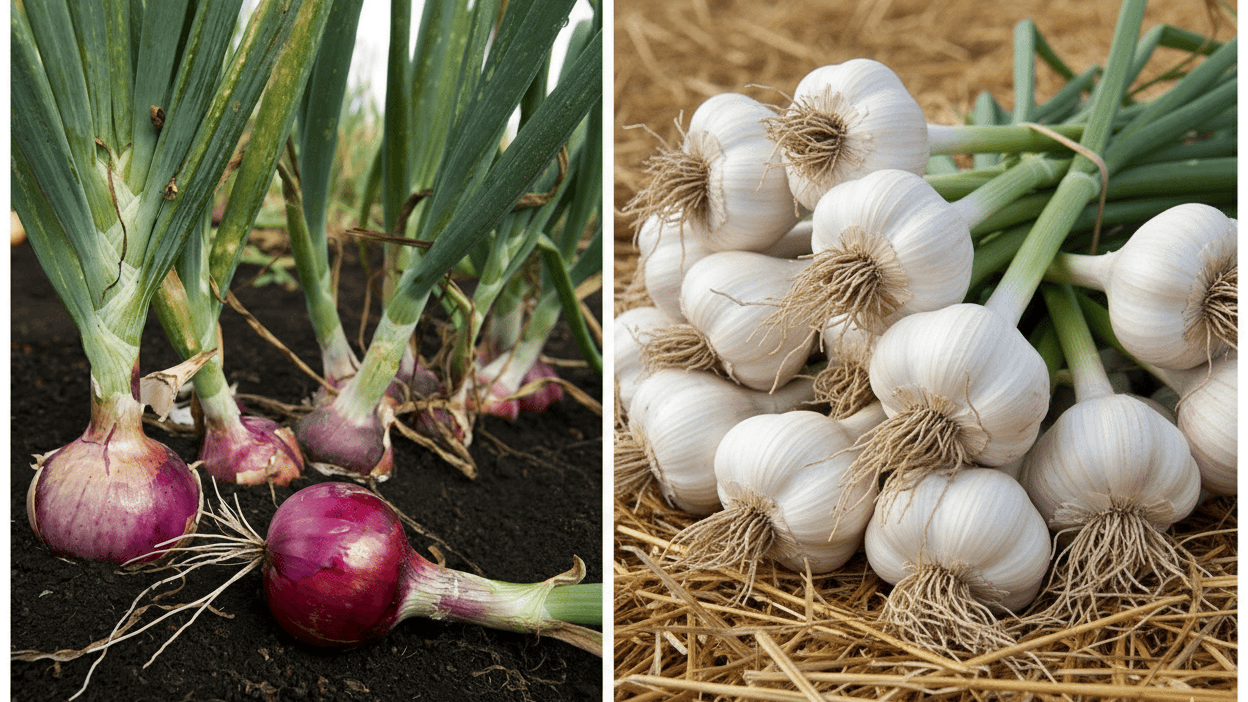 Onions growing in soil and harvested garlic bulbs on straw, both useful companion plants for rhubarb in vegetable gardens