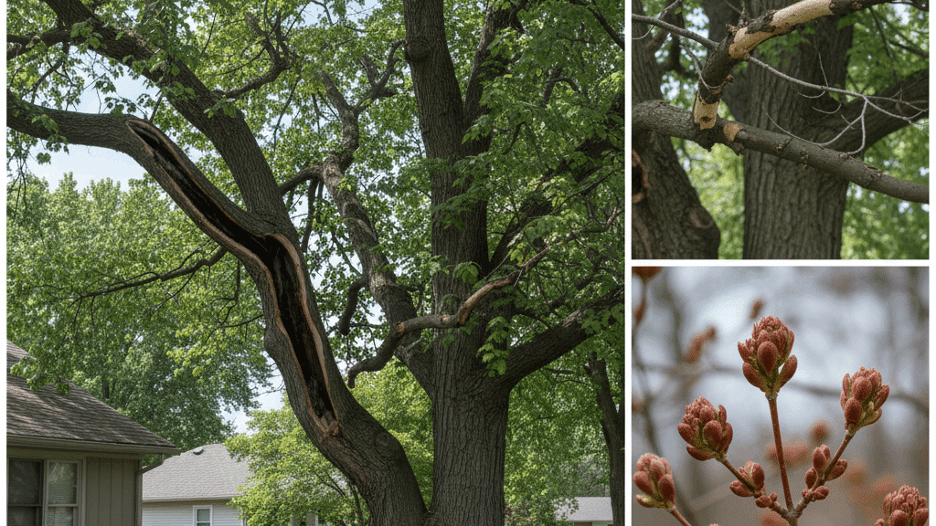 Damaged tree with split trunk and broken branches alongside close-up of early leaf buds on branches