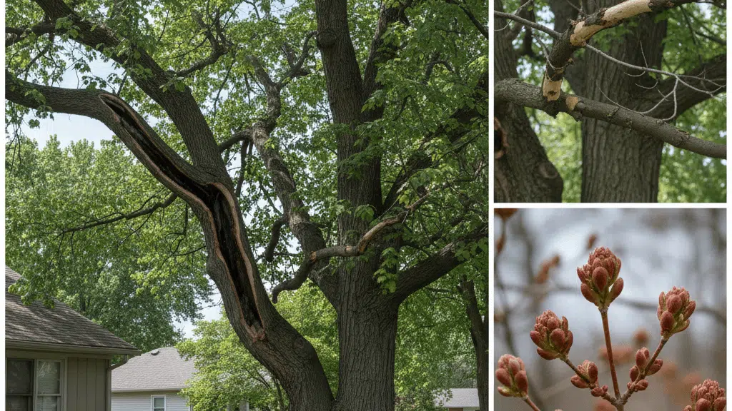 Damaged tree with split trunk and broken branches alongside close-up of early leaf buds on branches