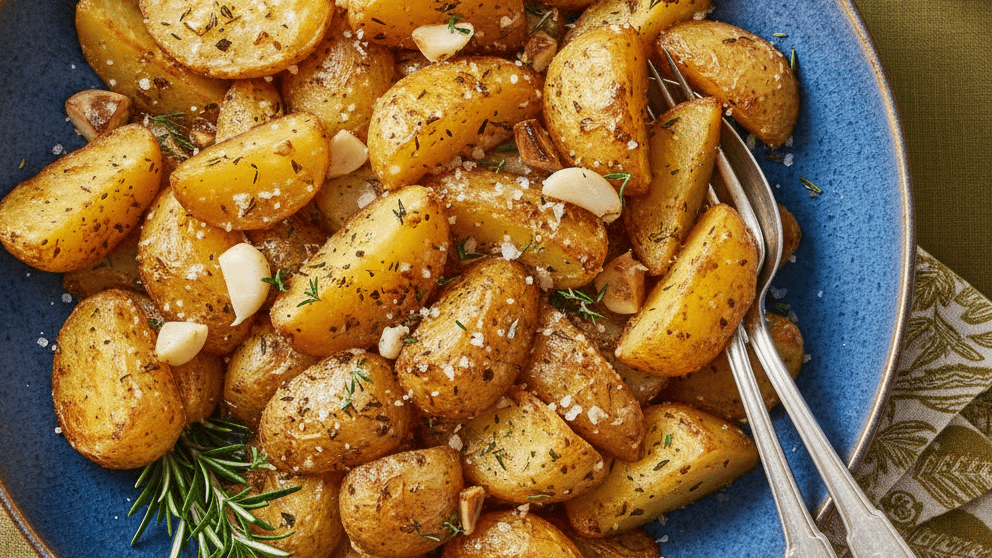 Roasted potatoes with garlic and thyme served in a blue bowl, topped with herbs, sea salt, and crispy garlic pieces