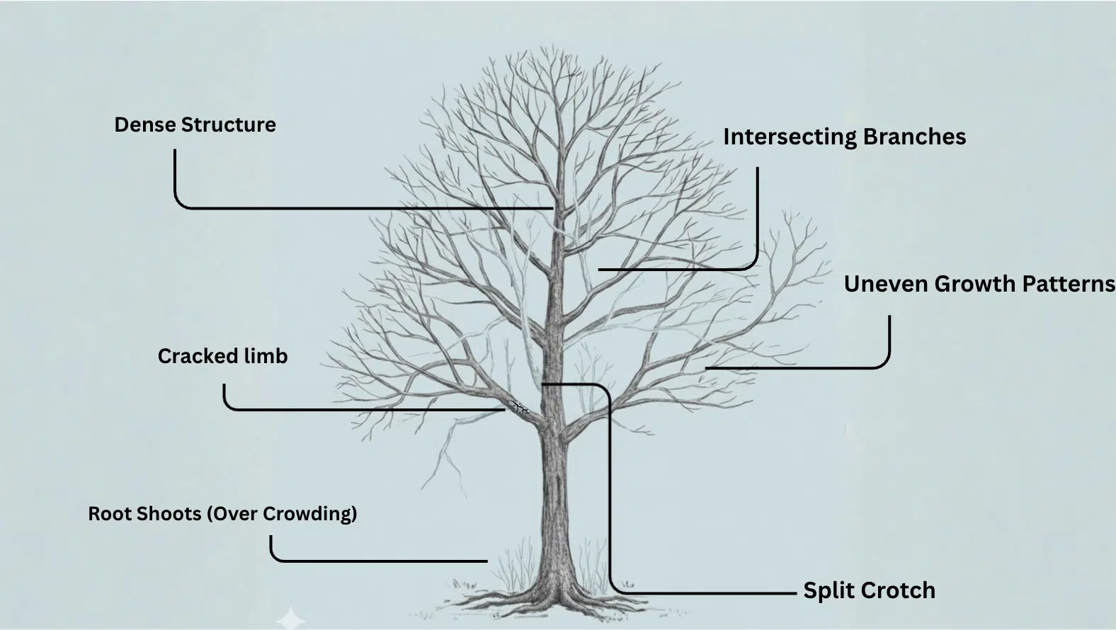 Diagram showing common pruning issues and structure problems in maple tree trimming including dense growth, split crotch, and intersecting branches