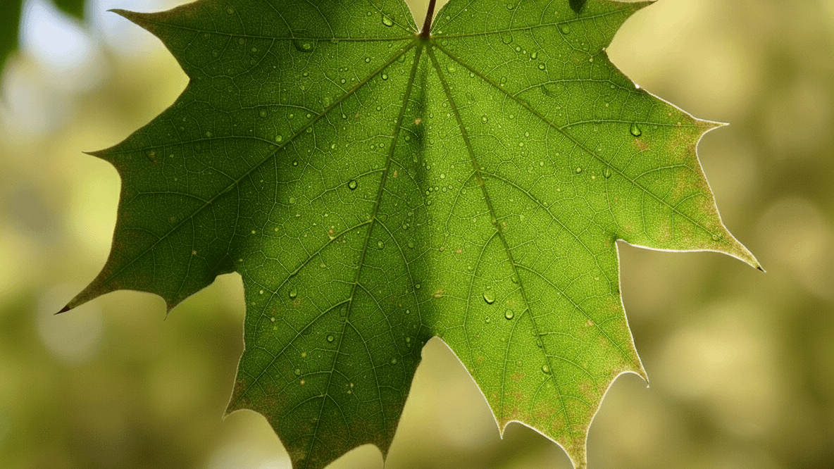 Green maple leaf with visible veins and water droplets, close-up view of a maple tree leaf in natural light