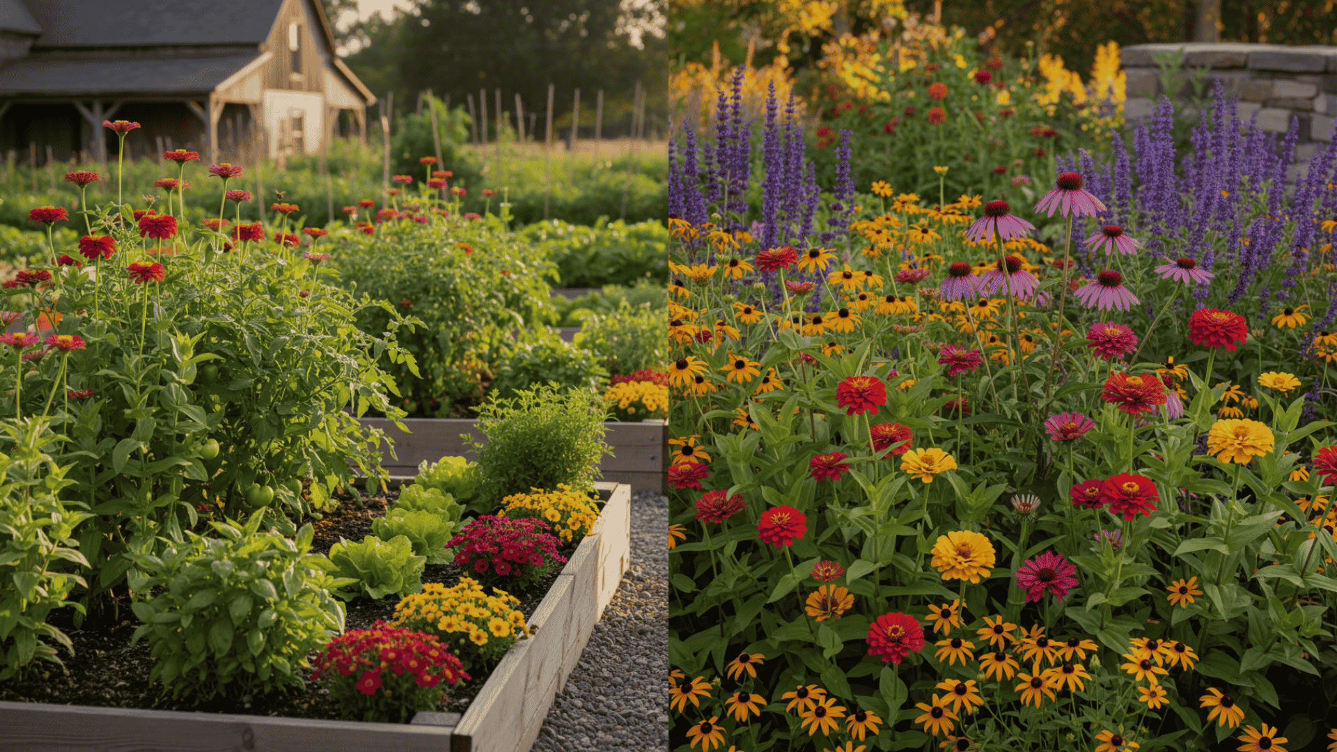 Backyard garden with rows of vegetables and zinnias, a great example of planting zinnia seeds alongside other plants