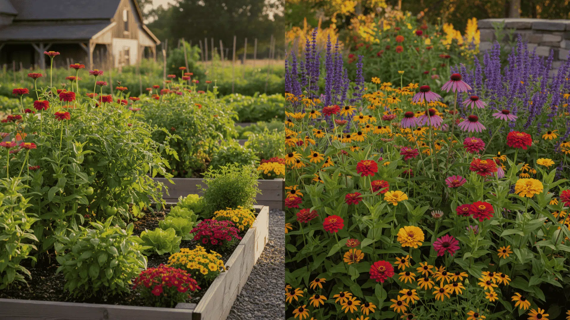 Backyard garden with rows of vegetables and zinnias, a great example of planting zinnia seeds alongside other plants
