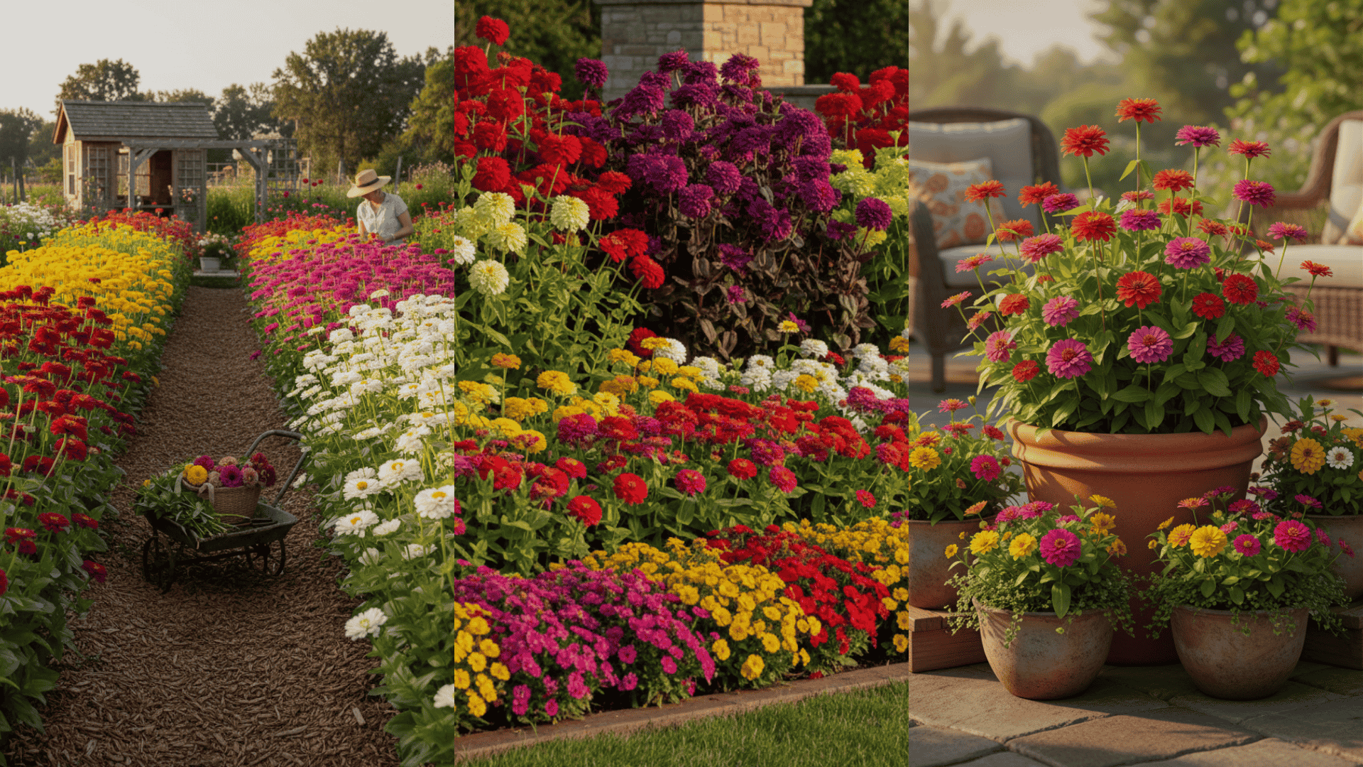 Organized flower beds full of colorful zinnias, showing how tall do zinnias grow among mixed garden plants