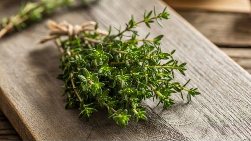 A tied bunch of fresh thyme on a wooden cutting board showing leafy edible stems ready for cooking, with woody stems visible at the base