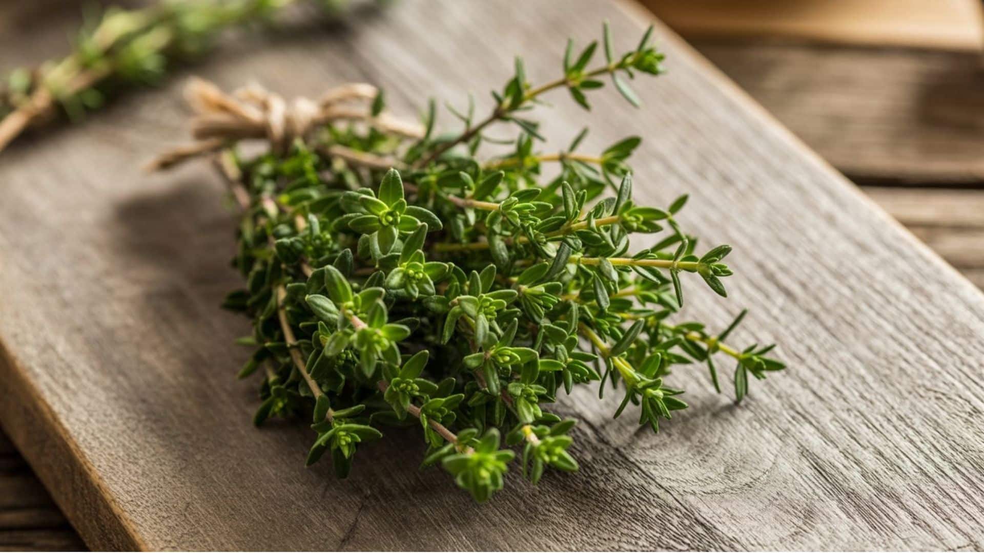 A tied bunch of fresh thyme on a wooden cutting board showing leafy edible stems ready for cooking, with woody stems visible at the base