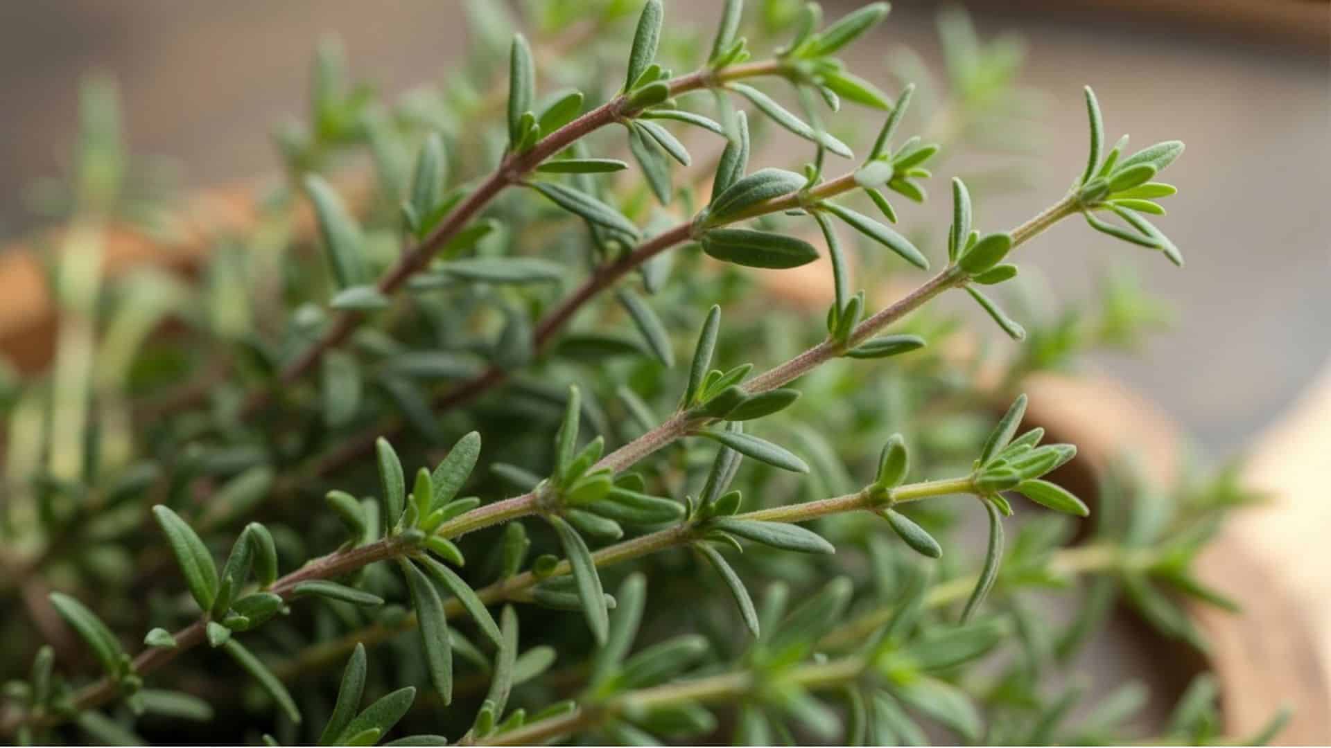 Close-up of a thyme plant showing woody brown stems and soft green tips, illustrating which thyme stems are edible and which to avoid.