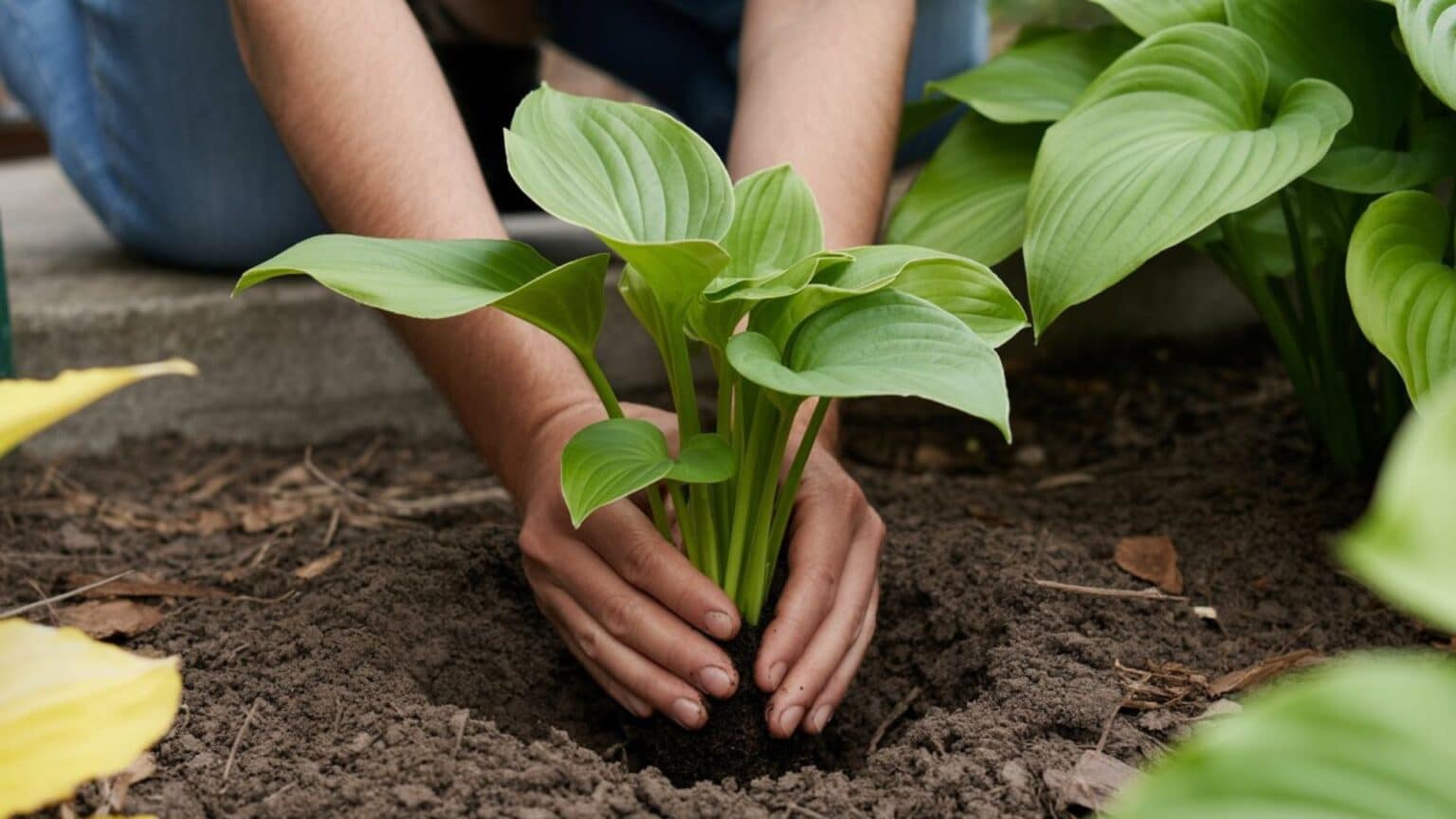 Hands planting a small green hosta seedling into loose garden soil next to an established hosta plant in a shaded bed
