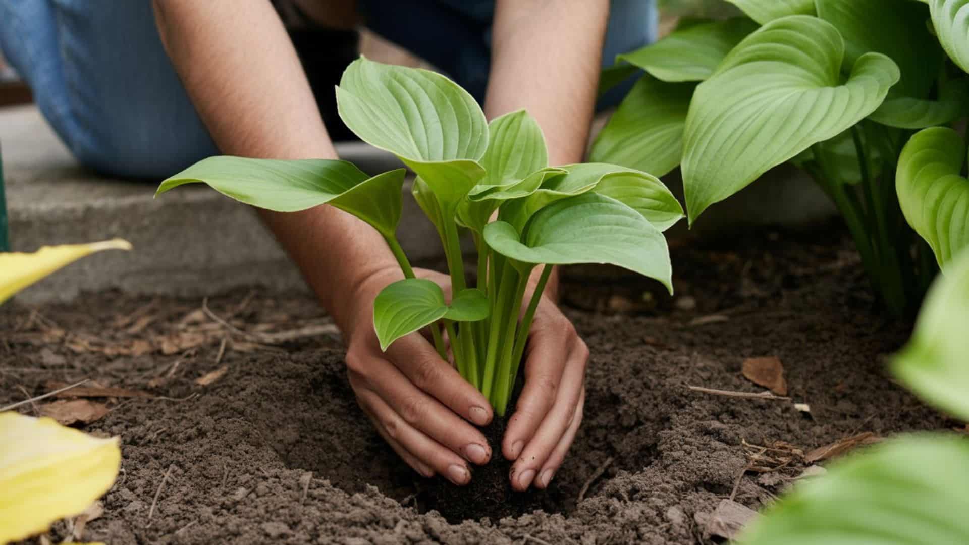 Hands planting a small green hosta seedling into loose garden soil next to an established hosta plant in a shaded bed