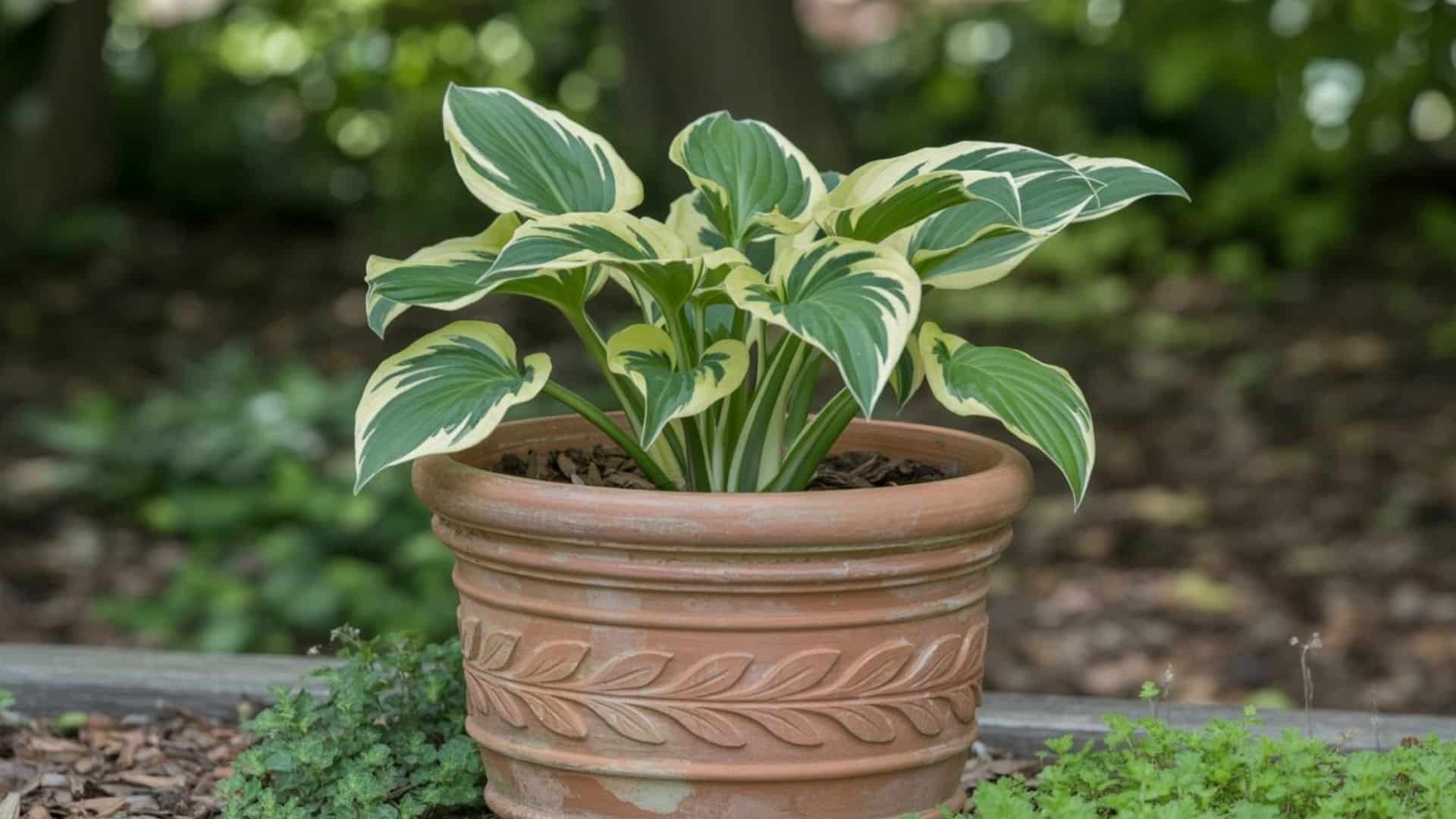 Hosta with green and cream striped leaves growing in a decorative terra cotta pot placed in a shaded garden bed
