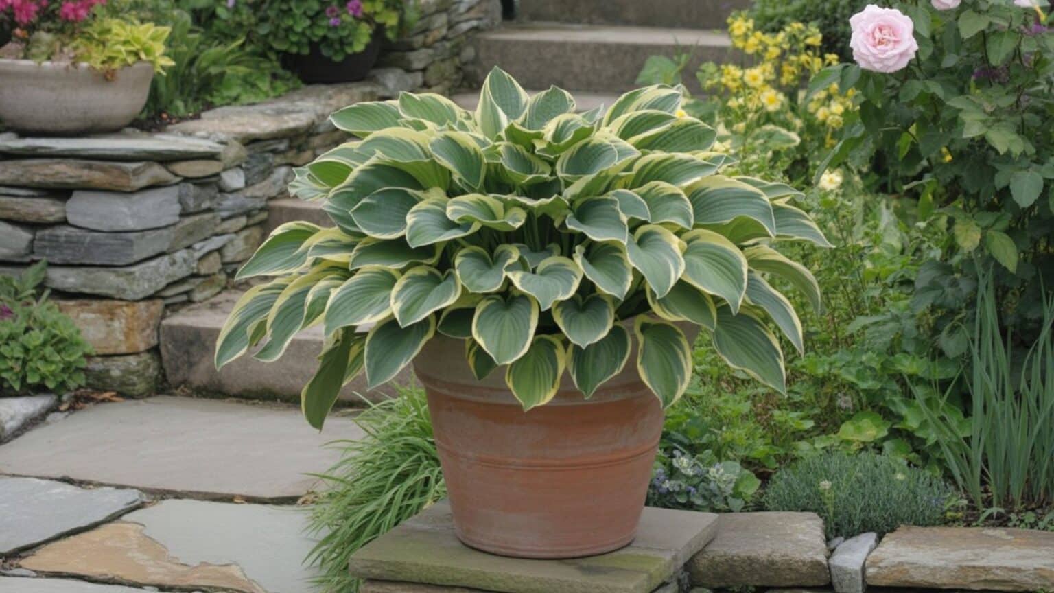 Large variegated hosta with yellow-edged green leaves growing in a terra cotta pot on a stone patio surrounded by garden flowers