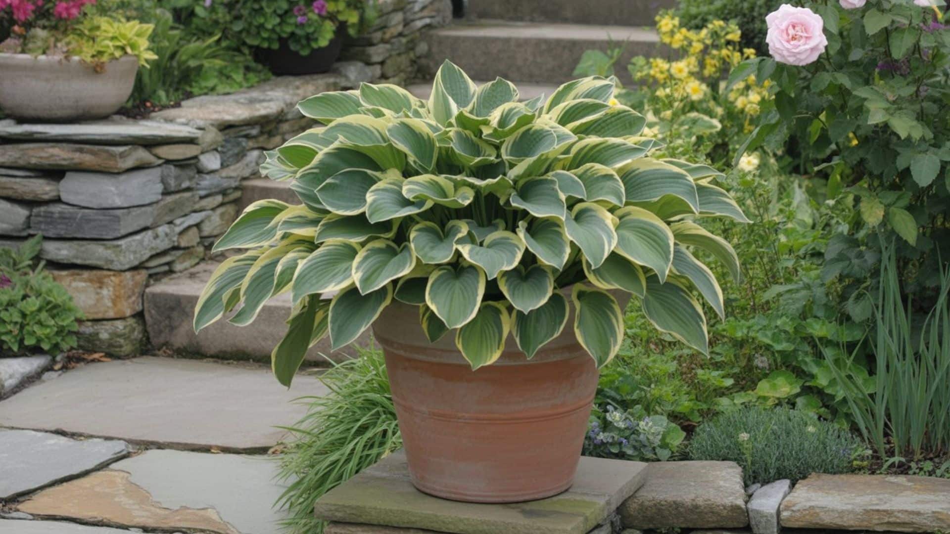 Large variegated hosta with yellow-edged green leaves growing in a terra cotta pot on a stone patio surrounded by garden flowers