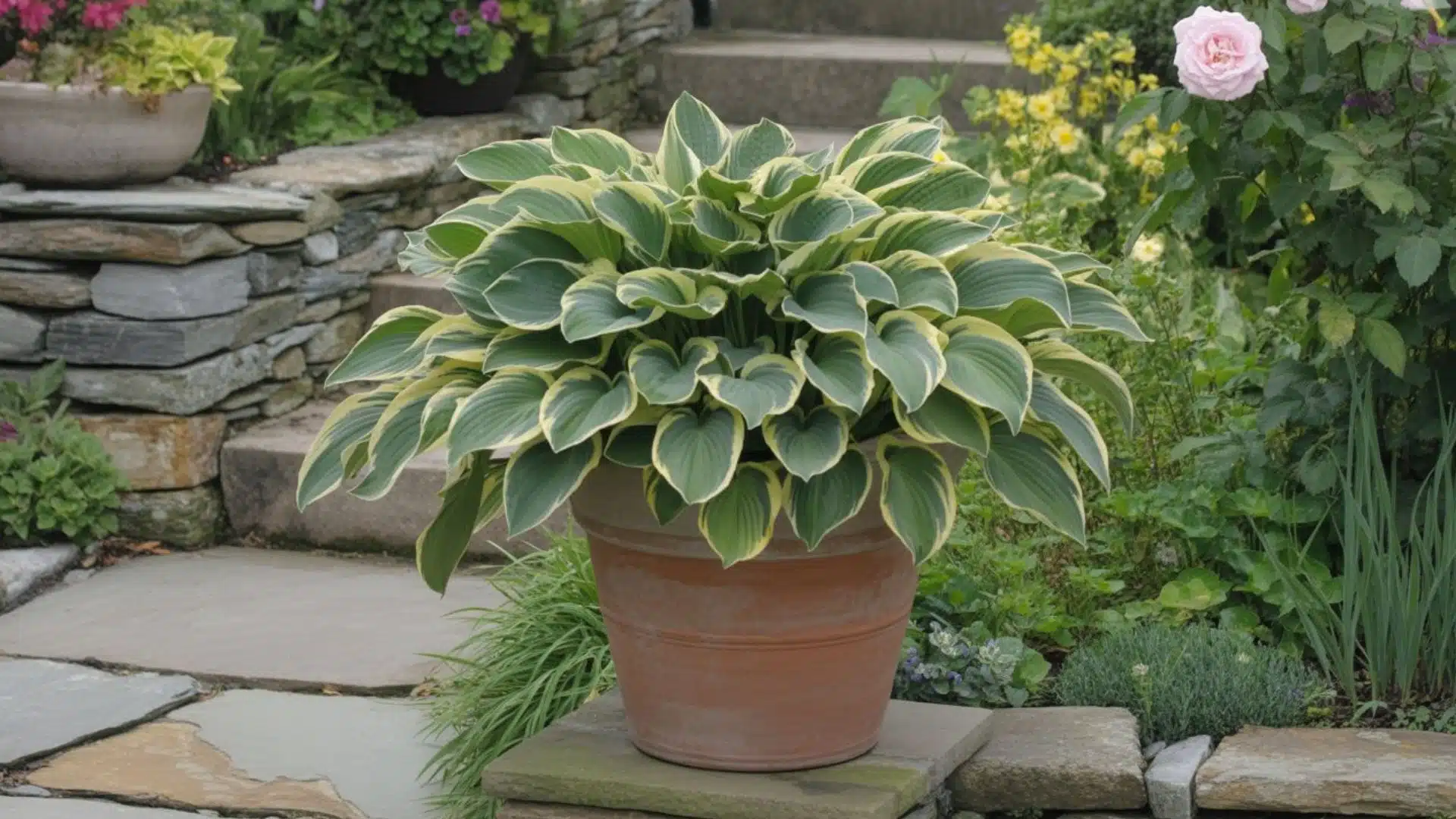 Large variegated hosta with yellow-edged green leaves growing in a terra cotta pot on a stone patio surrounded by garden flowers