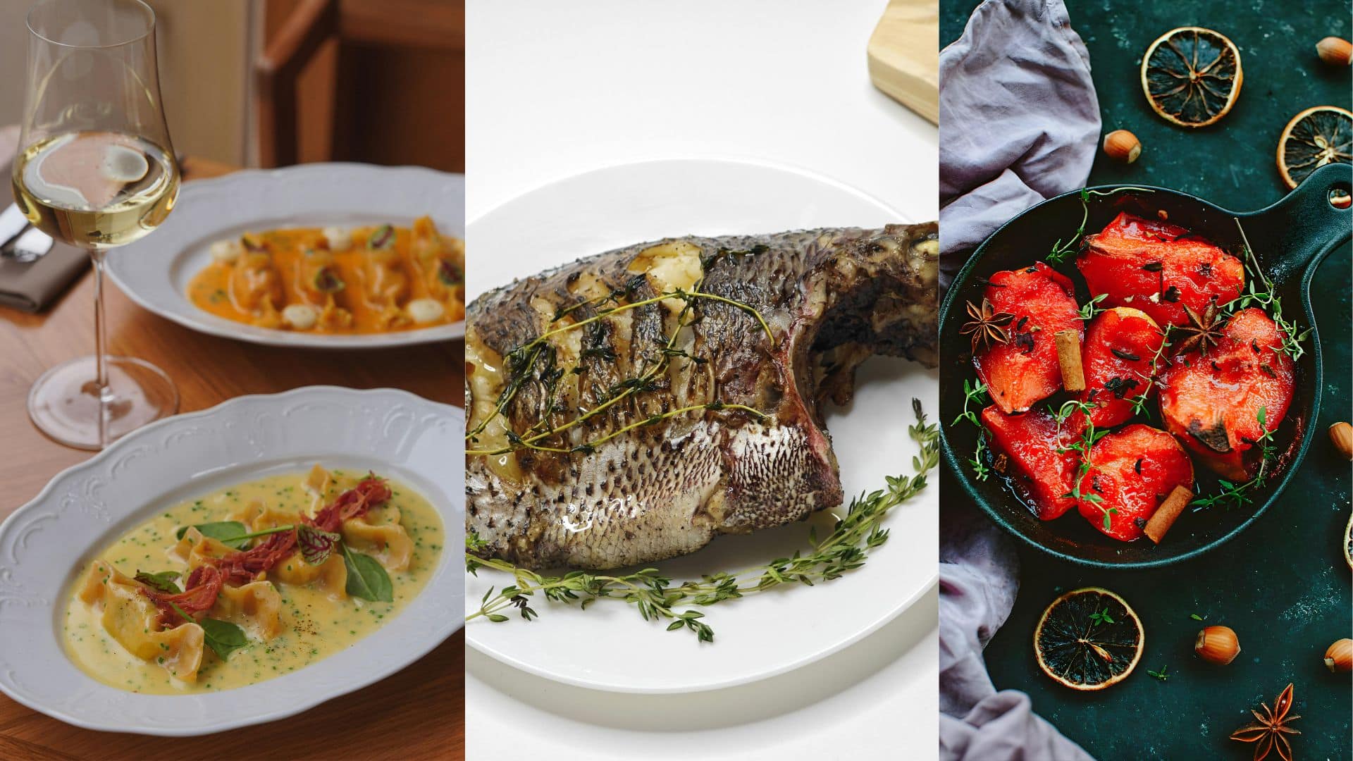 Three dishes using fresh thyme including creamy pasta, grilled fish, and roasted tomatoes showing how to use fresh thyme in cooking