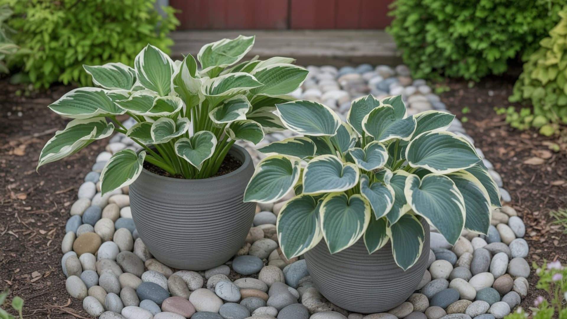 Two variegated hostas growing in gray ribbed containers placed on a decorative river rock border in a shaded garden