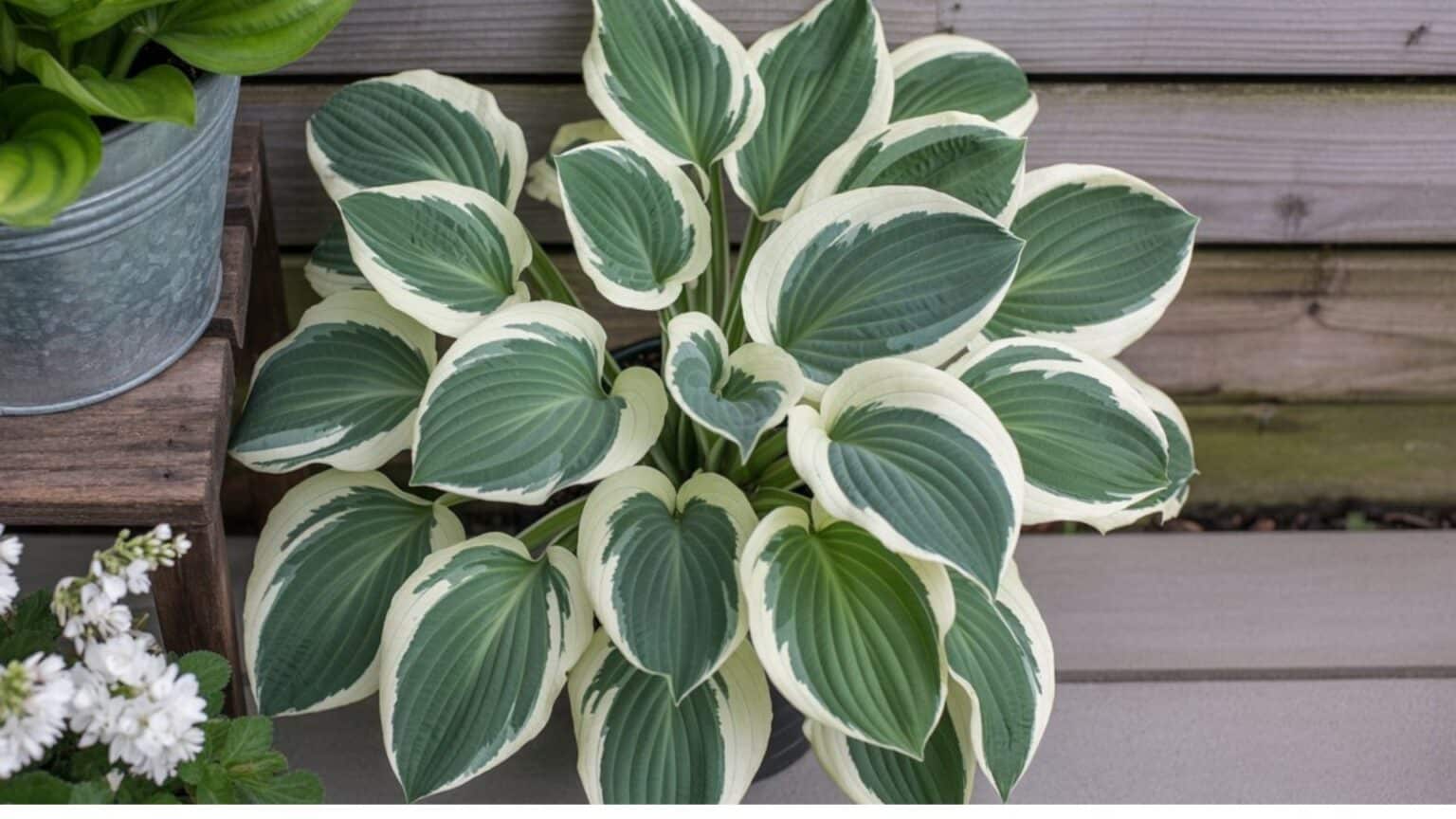 Variegated hosta with green and cream leaves growing in a container on a wooden deck surrounded by white flowers and potted plants