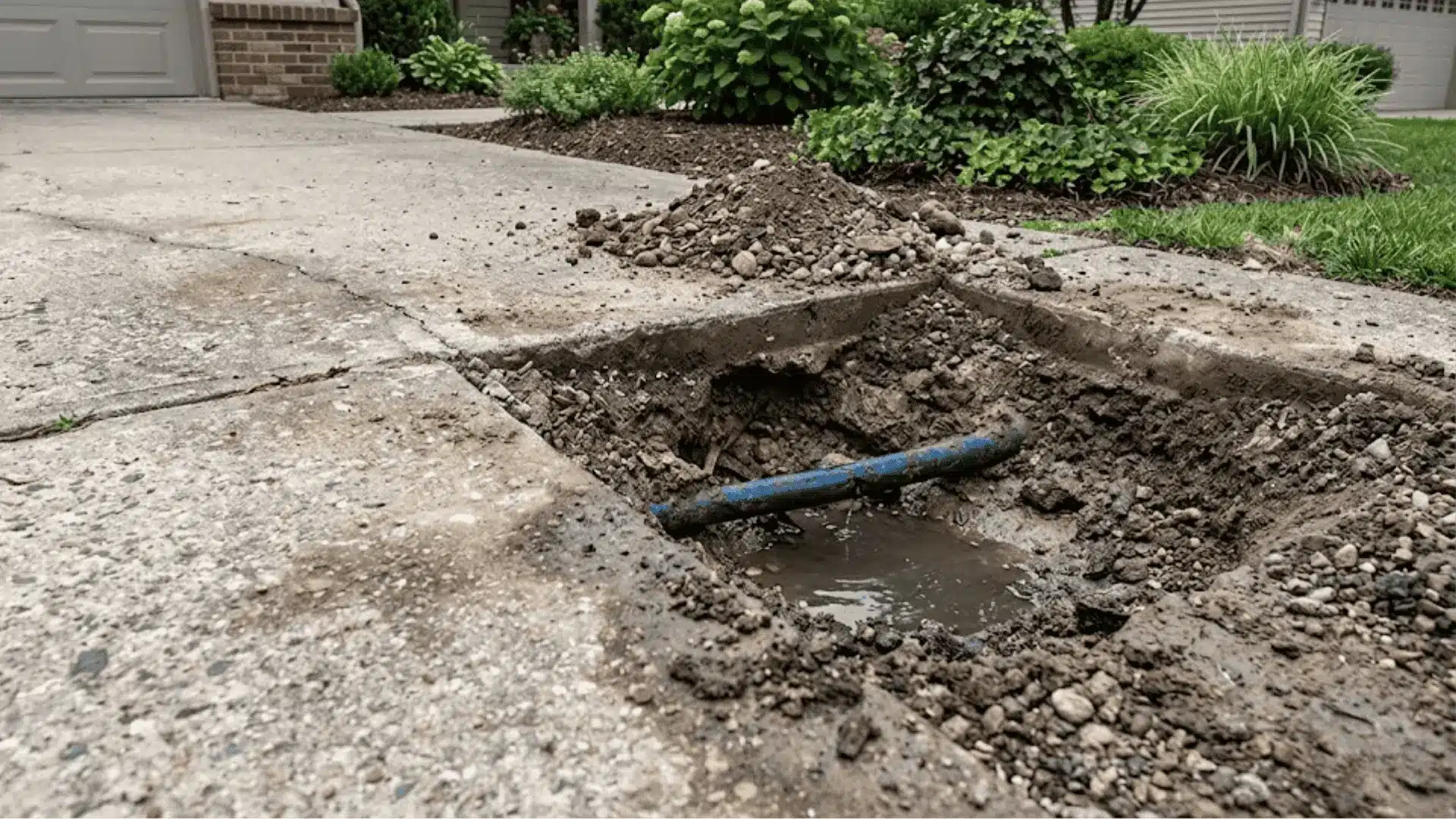 residential-driveway-water-leak-exposed-underground-pipe-soil-cracks-puddle
