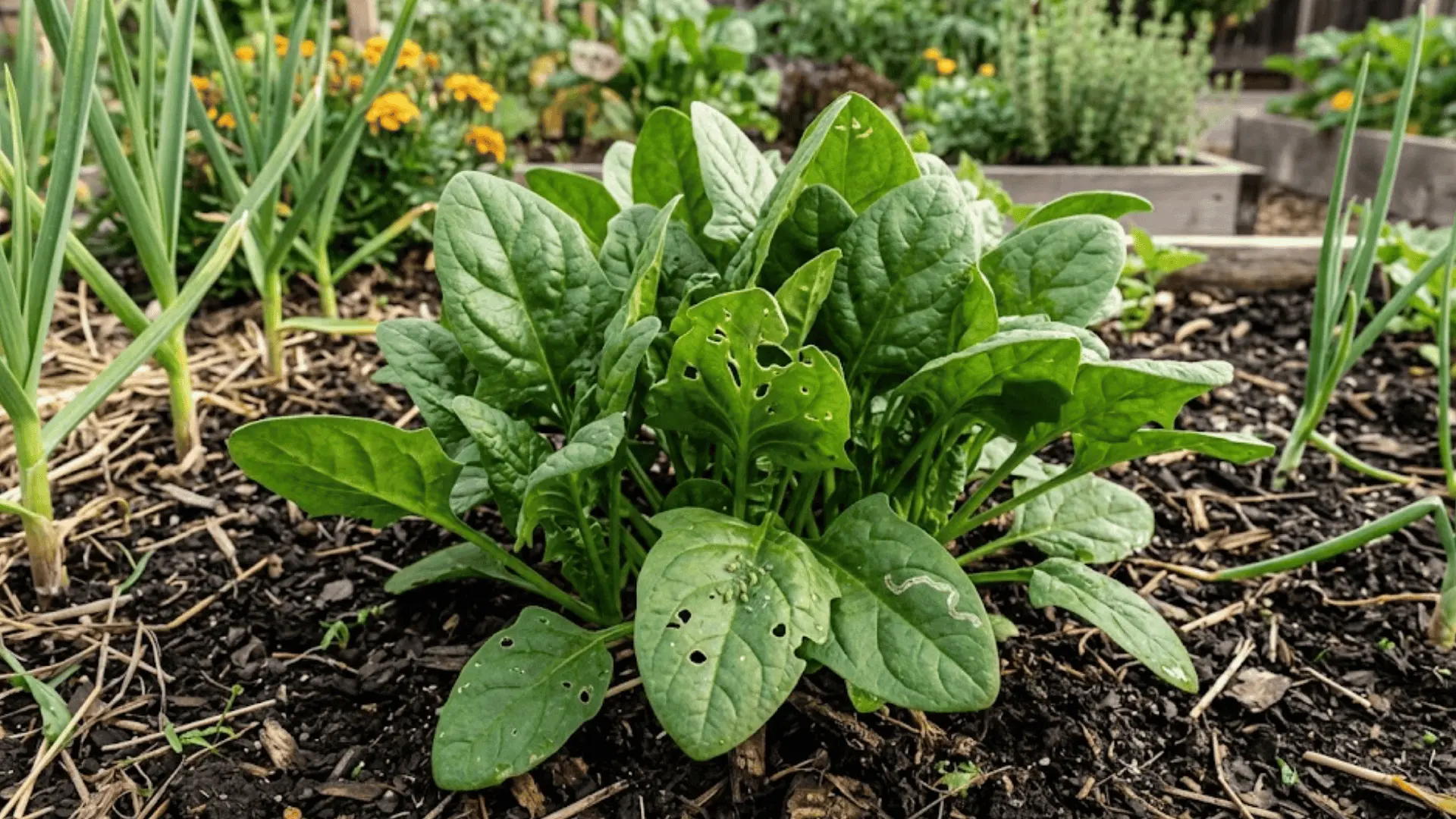 spinach-plant-with-holes-curled-leaves-and-small-insects