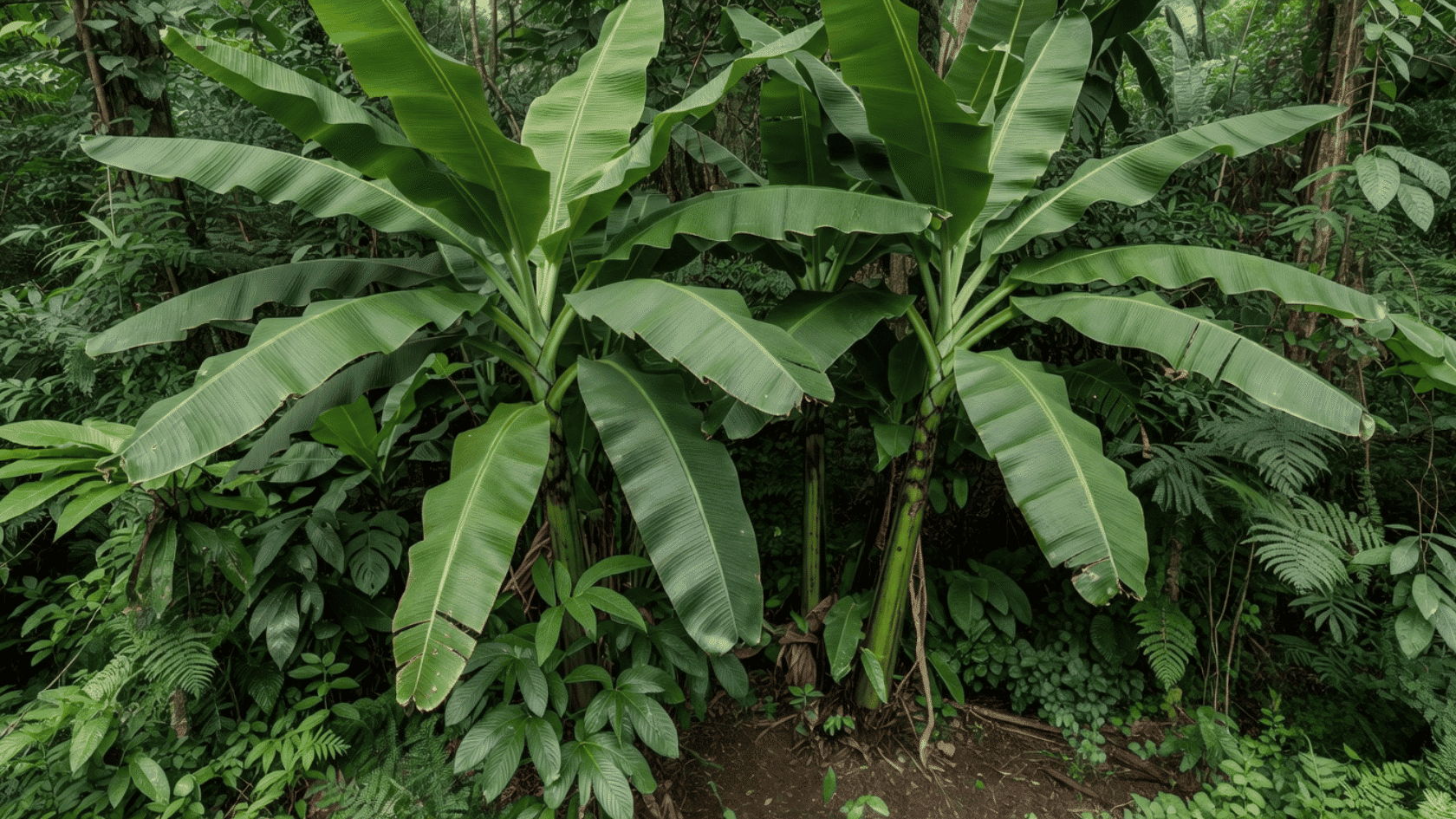Banana plants with large leaves growing in the rainforest understory