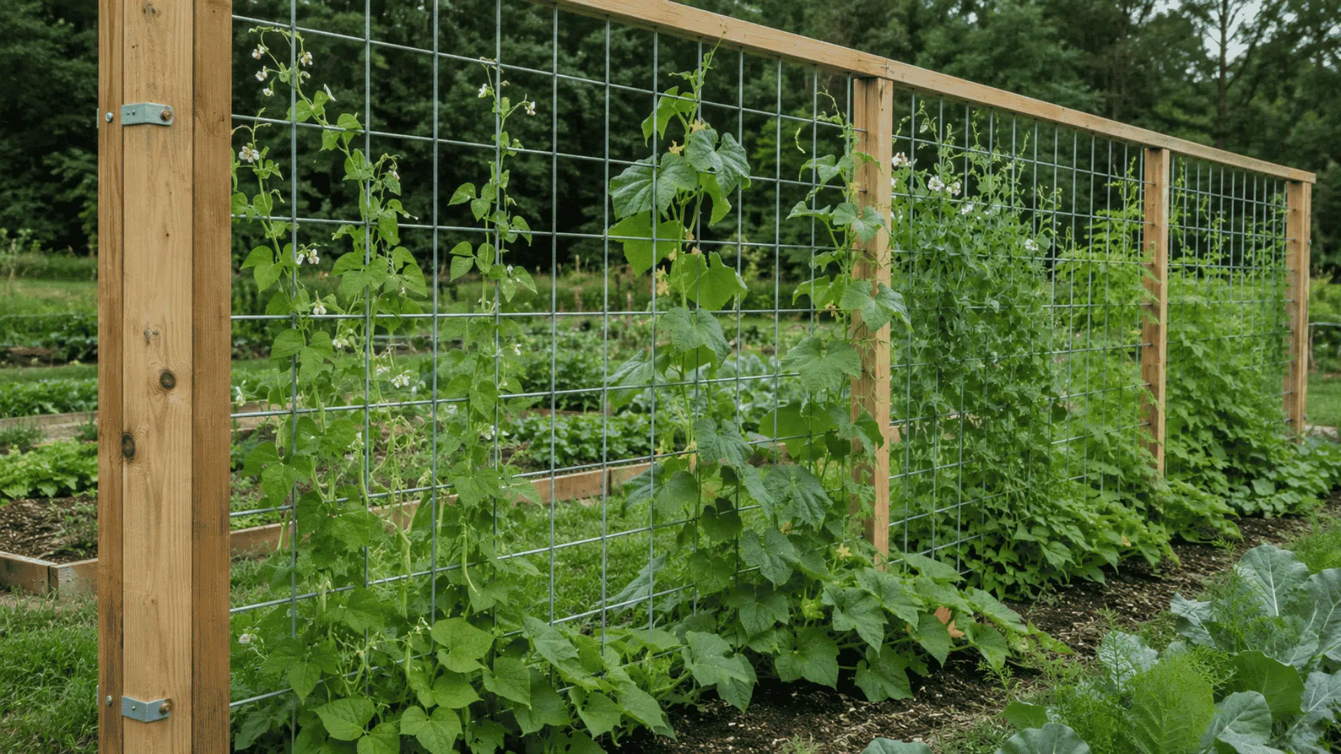 Cattle panel fence with climbing vines in a vegetable garden
