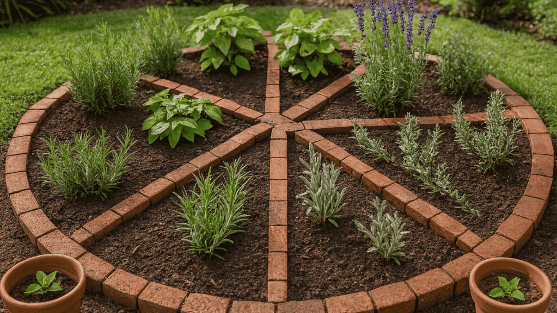 Circular herb garden with brick sections dividing basil, lavender, rosemary, and other herbs in a backyard layout.