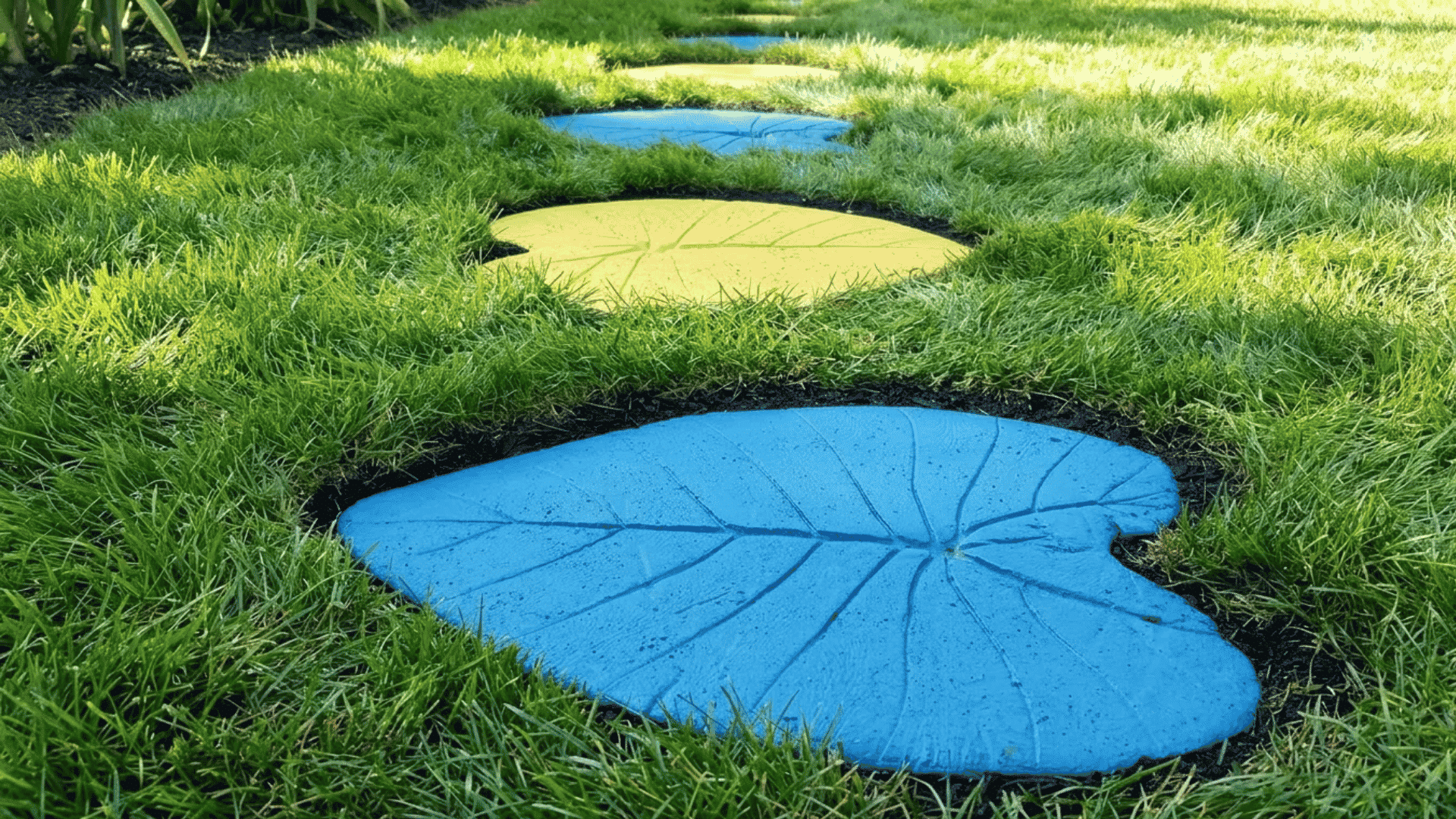 Colorful leaf-shaped stepping stones set in green grass along a garden path.