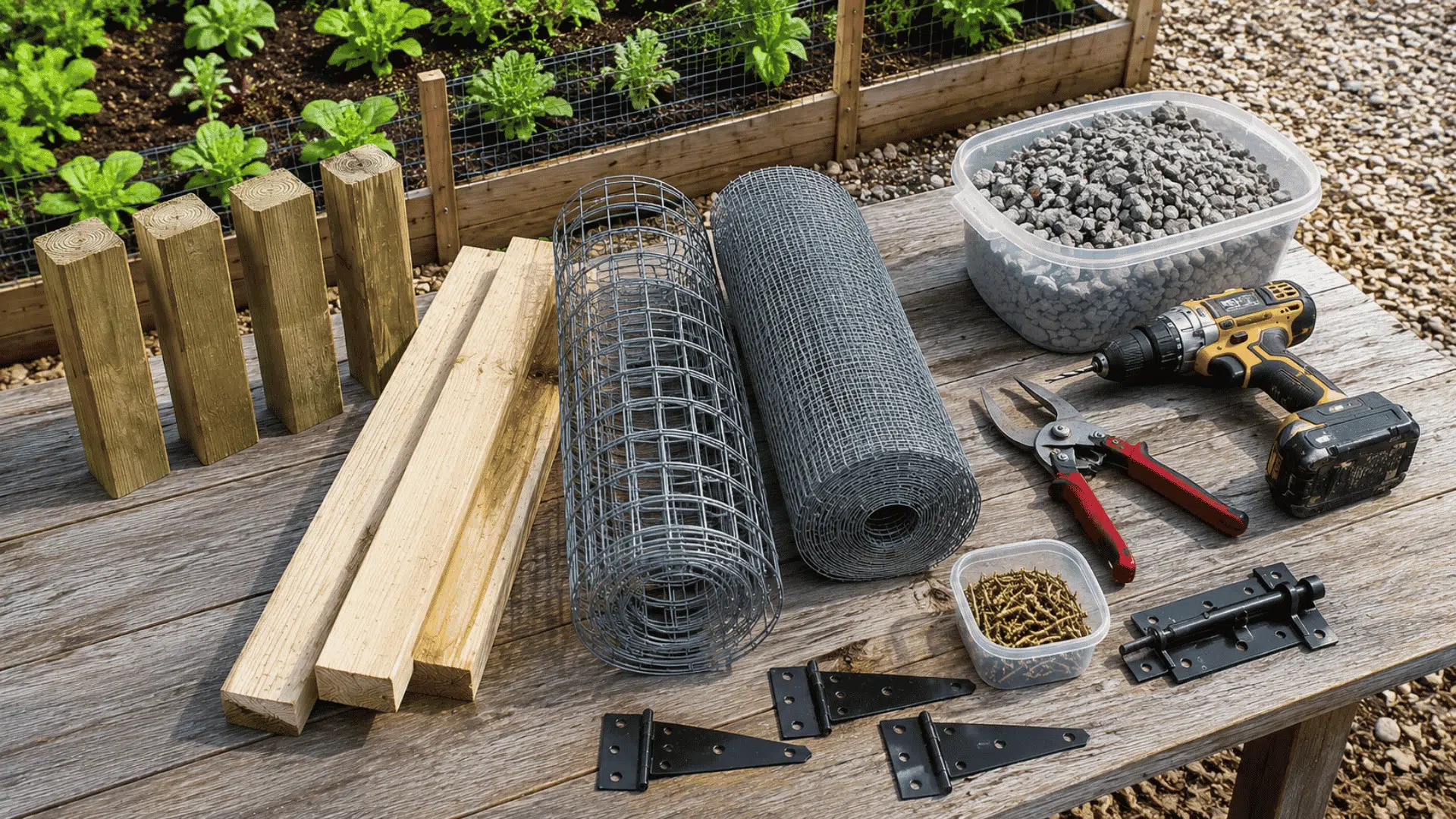 DIY garden fence supplies arranged on a wooden workbench near raised garden beds