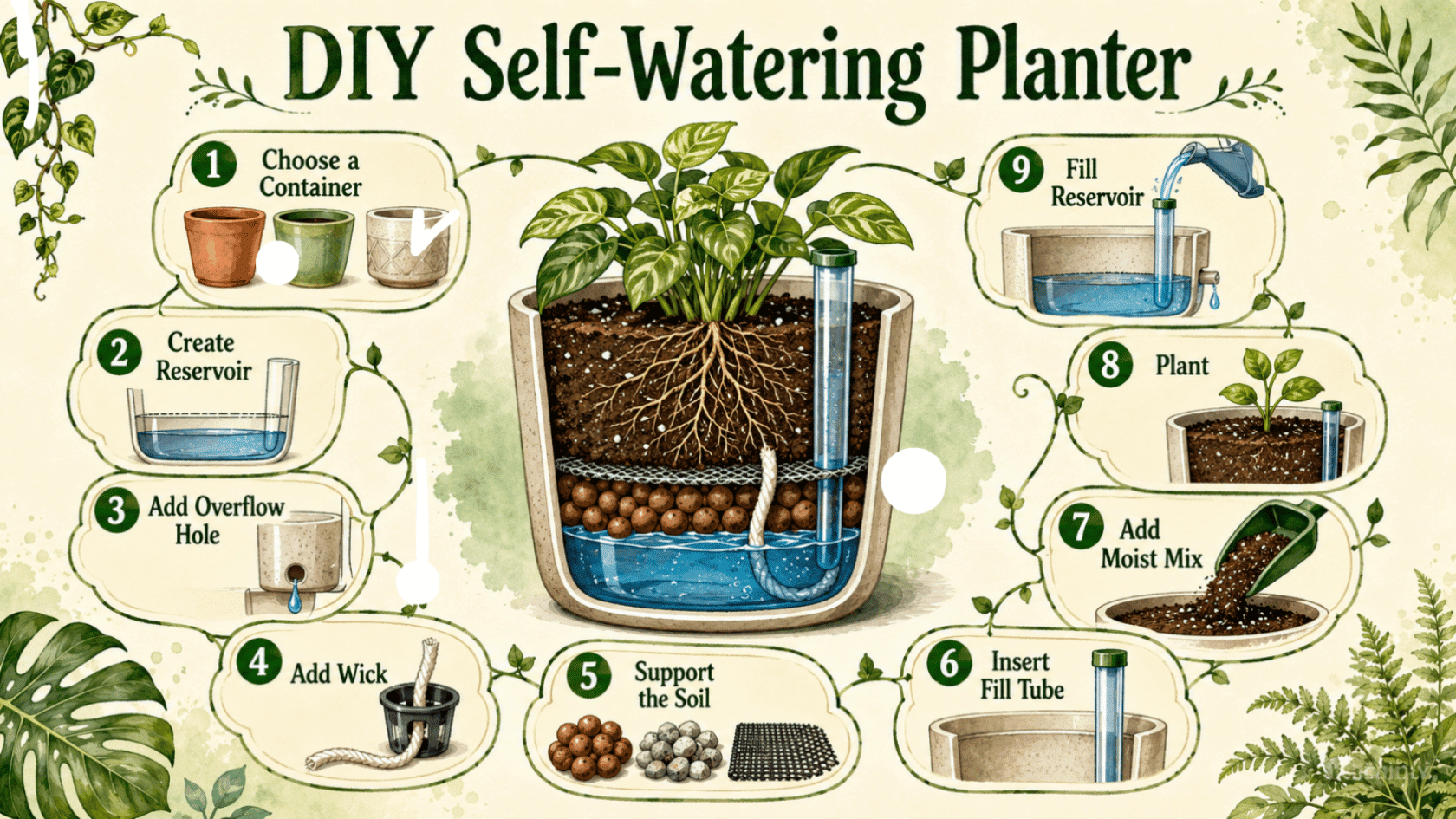 DIY self-watering planter infographic with 9 numbered step panels