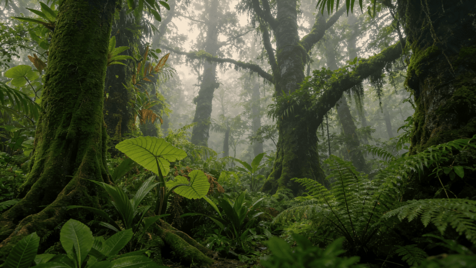 Dense tropical rainforest with tall moss-covered trees and large green foliage under misty light.