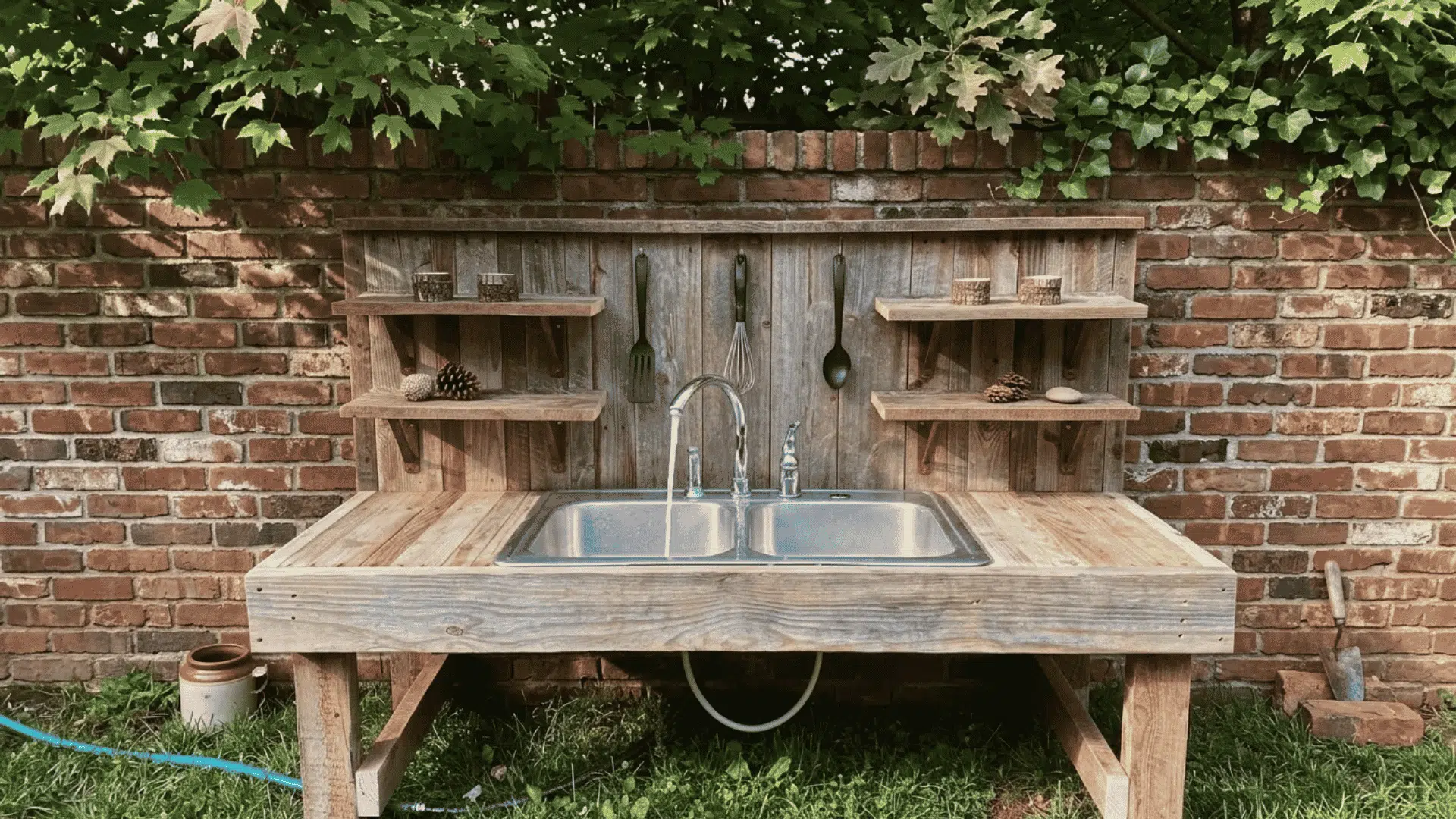 Double-sided mud kitchen with a dual-basin sink, open shelving, hanging utensils, and spacious work surfaces for shared outdoor play.