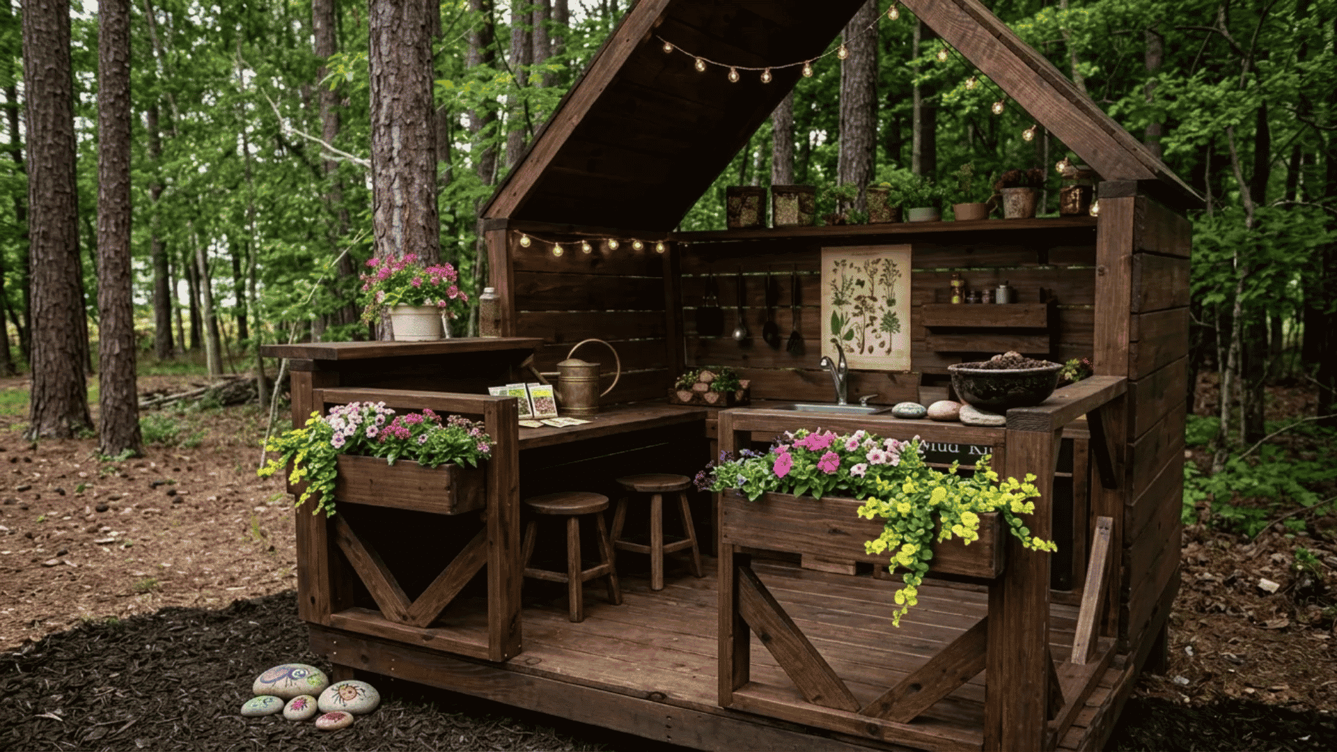 Garden café mud kitchen with a covered wooden playhouse design, built-in sink, planter boxes, stools, decorative lighting, and nature-inspired outdoor play area.